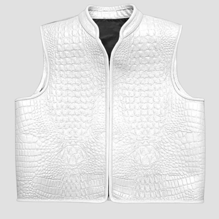 This crocodile embossed leather biker vest offers a rugged, stylish look for riders who want to stand out on the road.