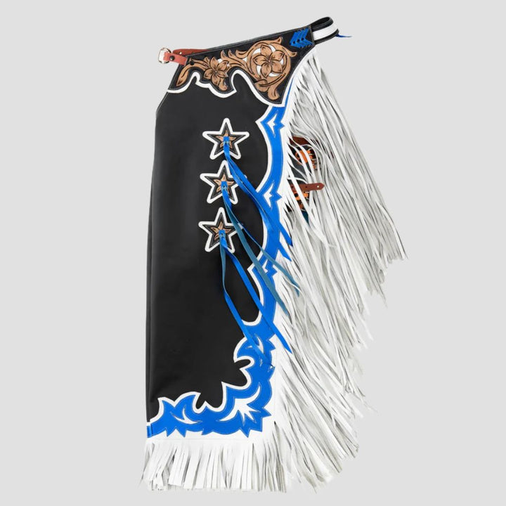 Designed for rugged use, these western leather chaps offer comfort and protection for bull riding events.