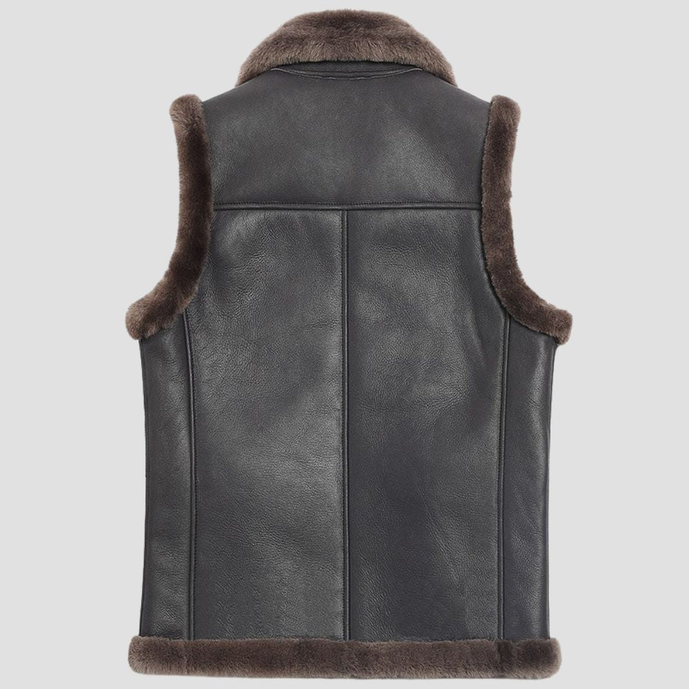 Upgrade your winter style with a luxurious black leather Sherpa vest for men, designed to keep you warm and fashionable.