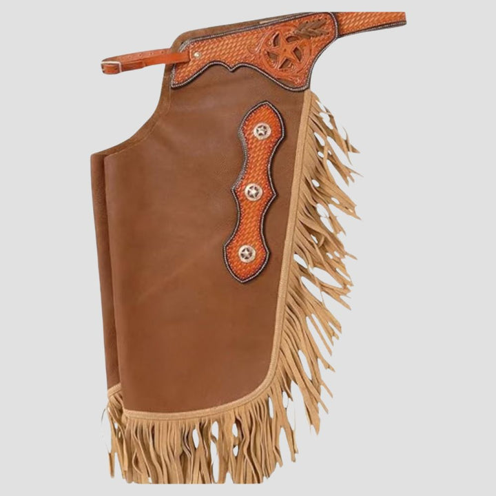 Designed for comfort and rugged durability, these leather fringe chaps are perfect for all-day wear and western events.