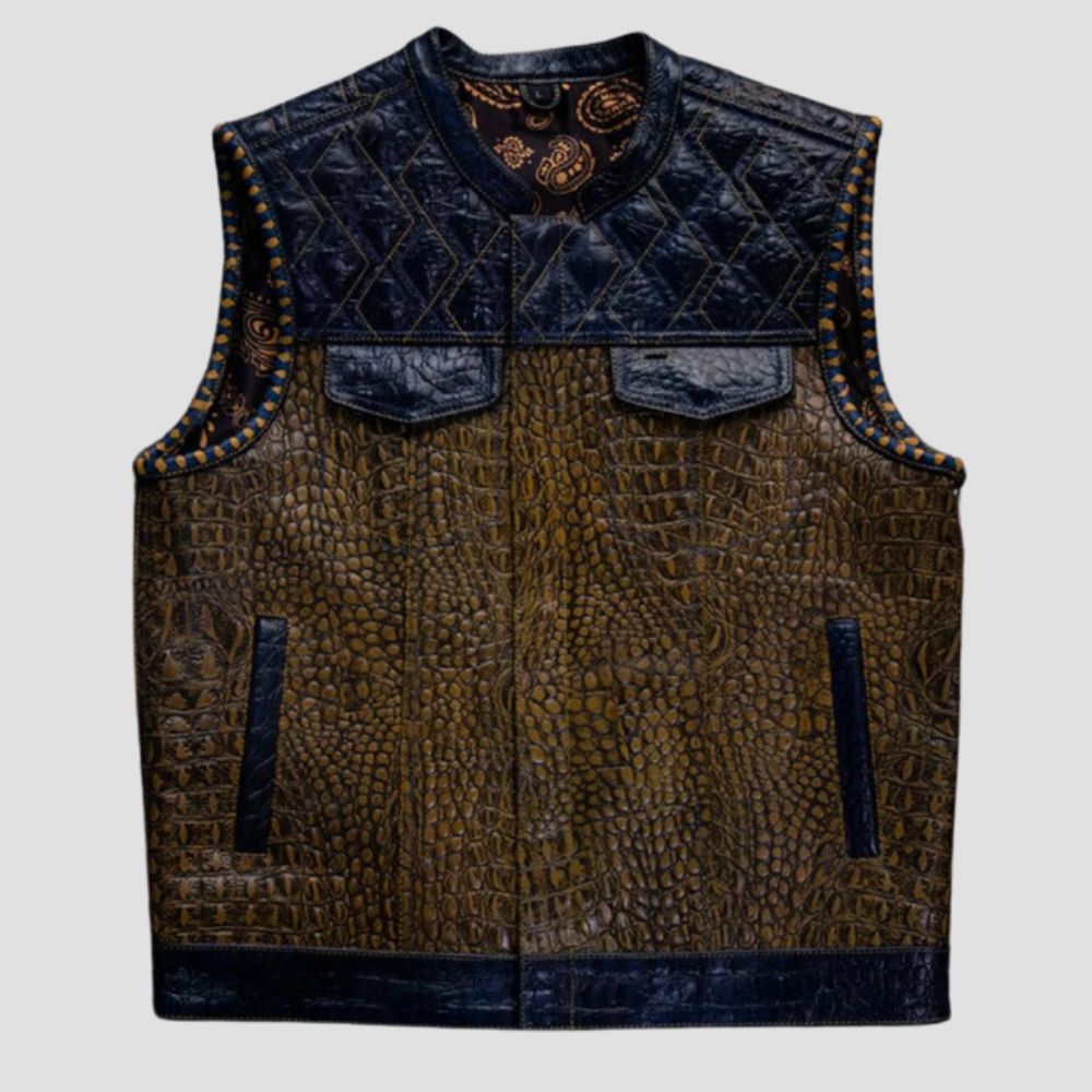 Crafted for the modern biker, this crocodile pattern leather vest is the perfect addition to your riding gear.