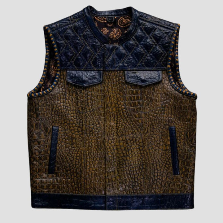 Crafted for the modern biker, this crocodile pattern leather vest is the perfect addition to your riding gear.
