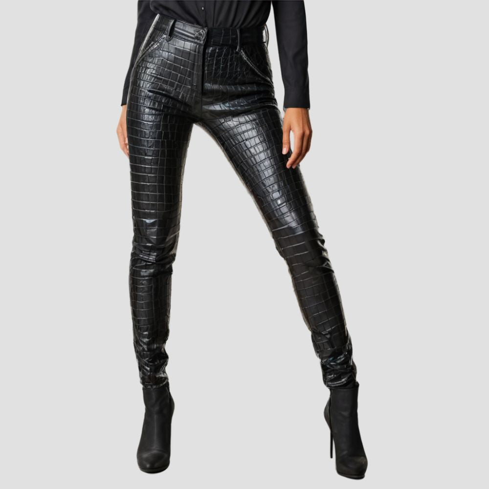 These crocodile leather pants are absolutely stunning! The texture is so unique, and the design is bold and fierce.