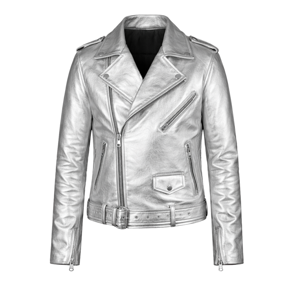men silver metallic biker leather jacket with reflective coating