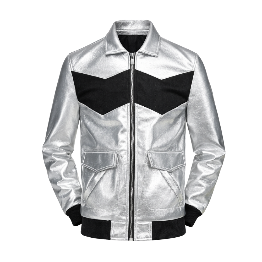 Silver metallic stylish bomber jacket with shiny finish