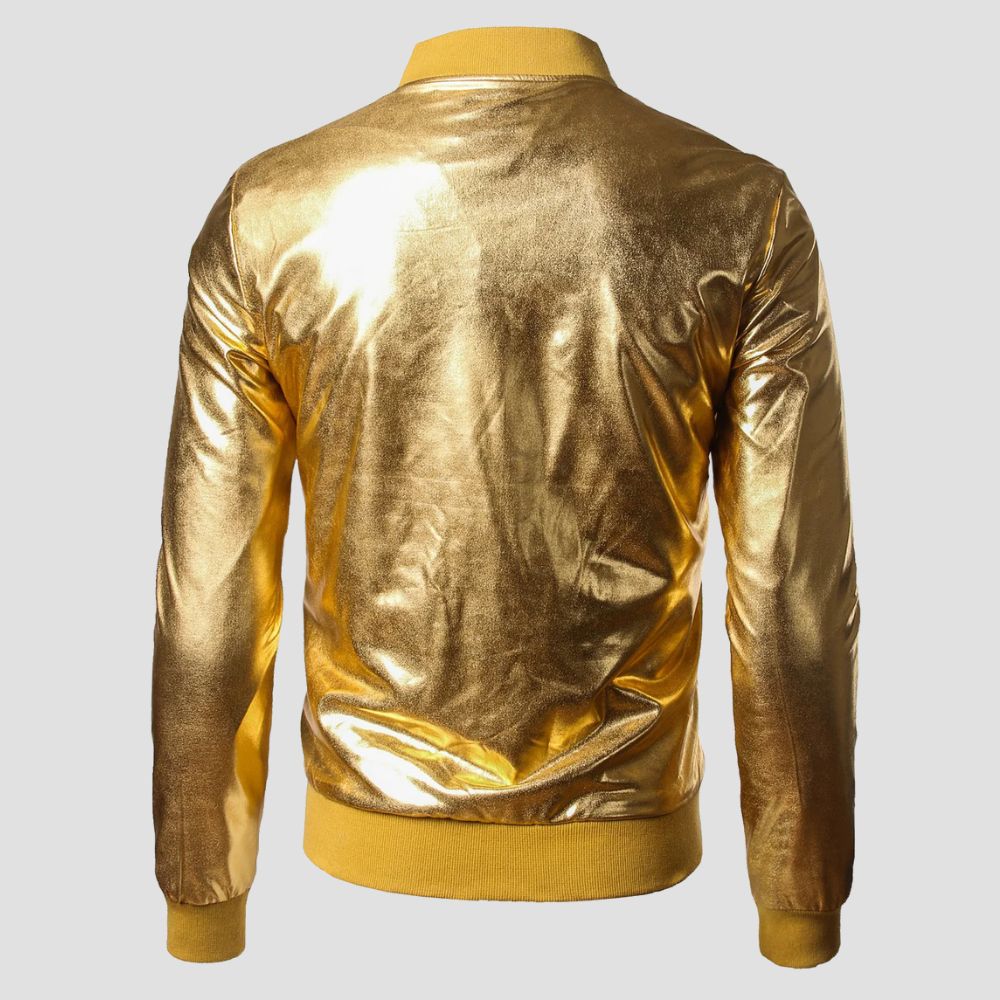 Shimmer in sophistication with this sleek silver jacket, designed to turn heads on the urban streets.