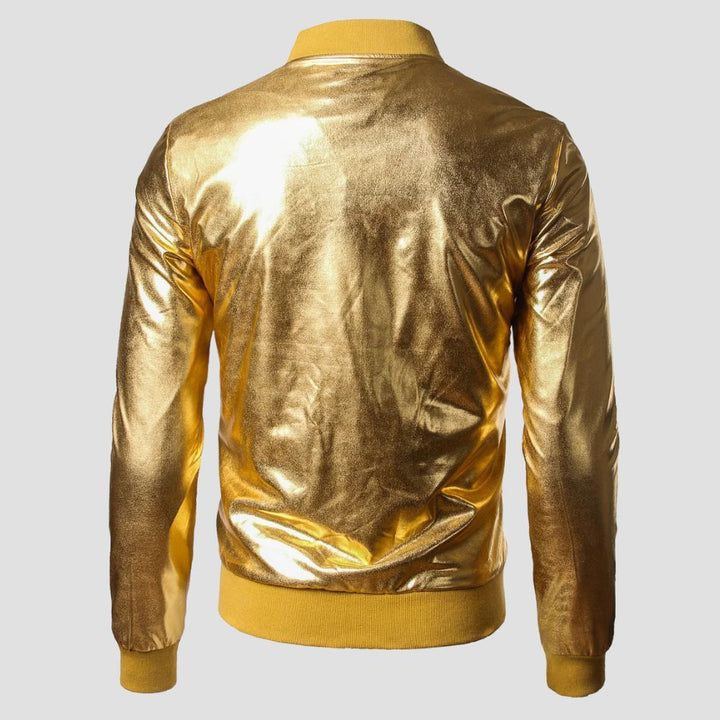 Shimmer in sophistication with this sleek silver jacket, designed to turn heads on the urban streets.