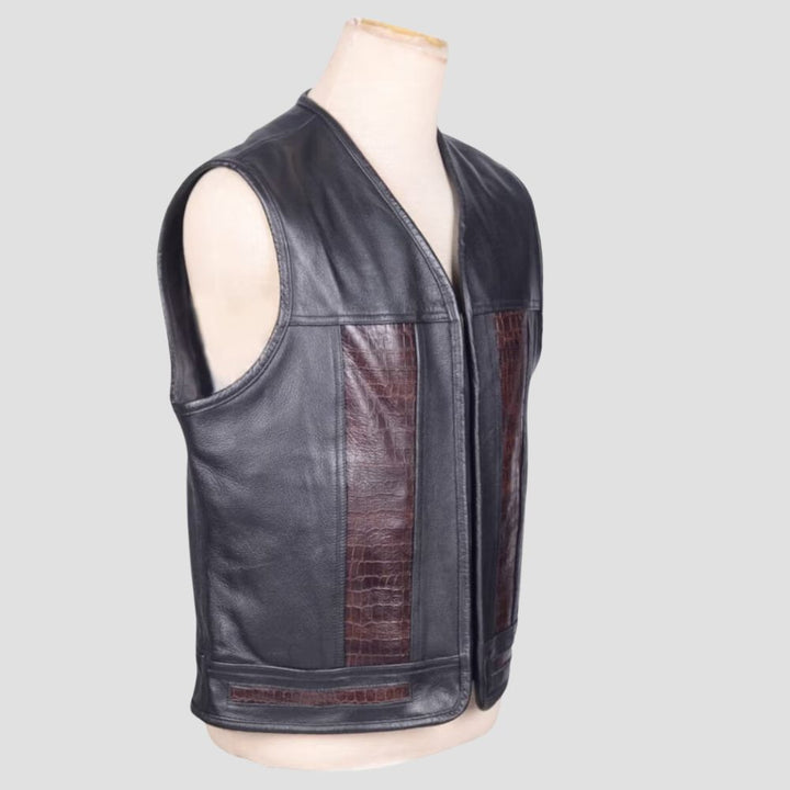 Black premium leather vest for bikers with a smooth polyester lining.