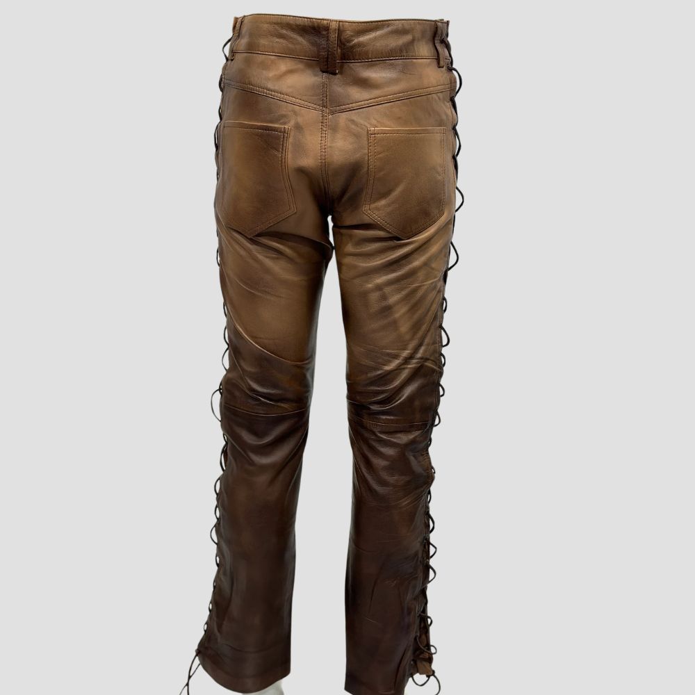 Biker-style distressed leather pants with a vintage wax finish, perfect for riders.