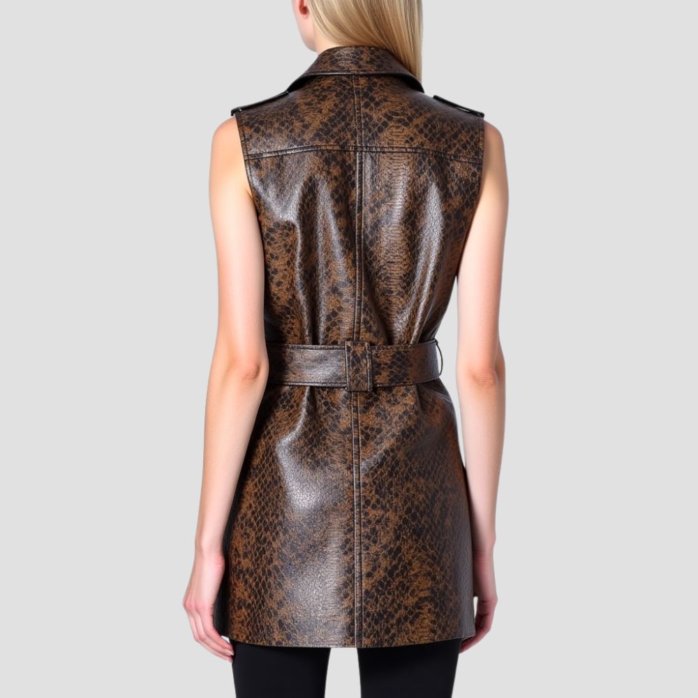 A bold snakeskin trench leather vest for women, perfect for layering over your favorite outfits to enhance your personal style with a unique edge.