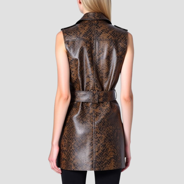 A bold snakeskin trench leather vest for women, perfect for layering over your favorite outfits to enhance your personal style with a unique edge.