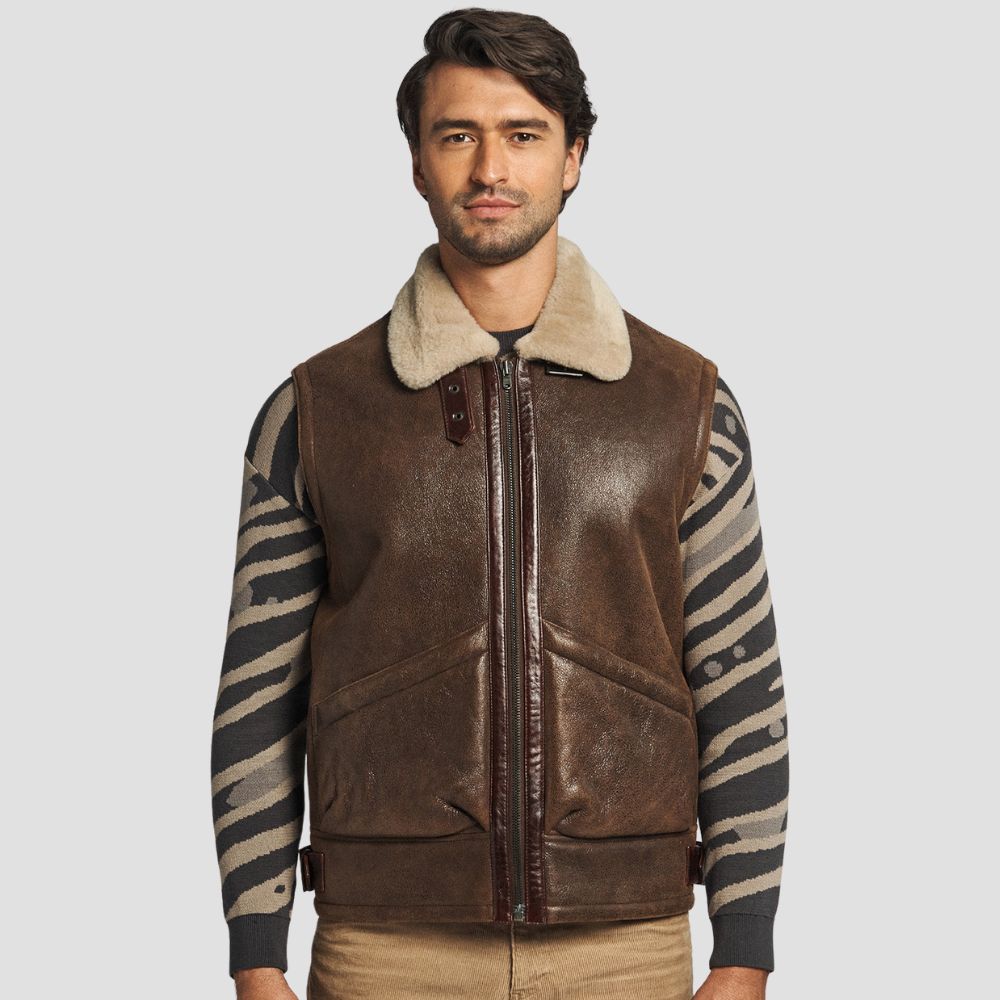 Brown lambskin leather vest with soft shearling fur lining for men.