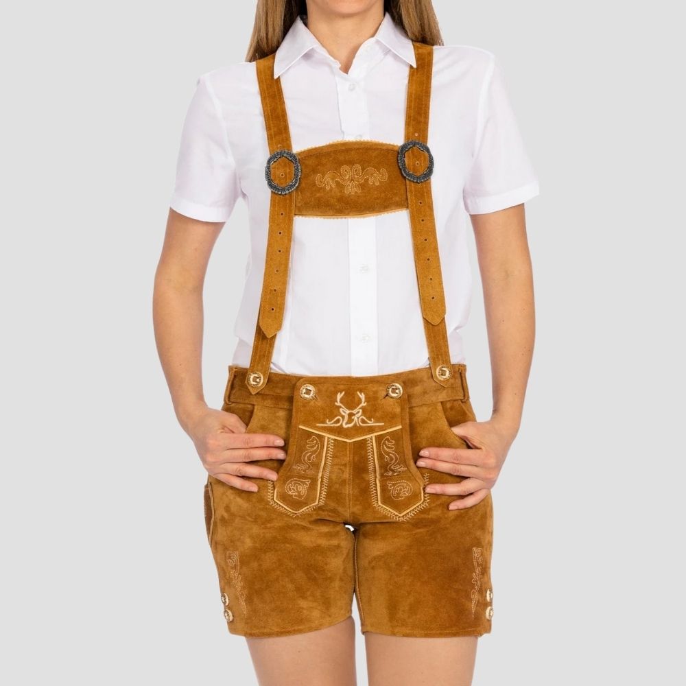 Shop traditional women’s lederhosen with hand-stitched details. Beautiful craftsmanship meets classic Bavarian style, perfect for cultural festivals and events.