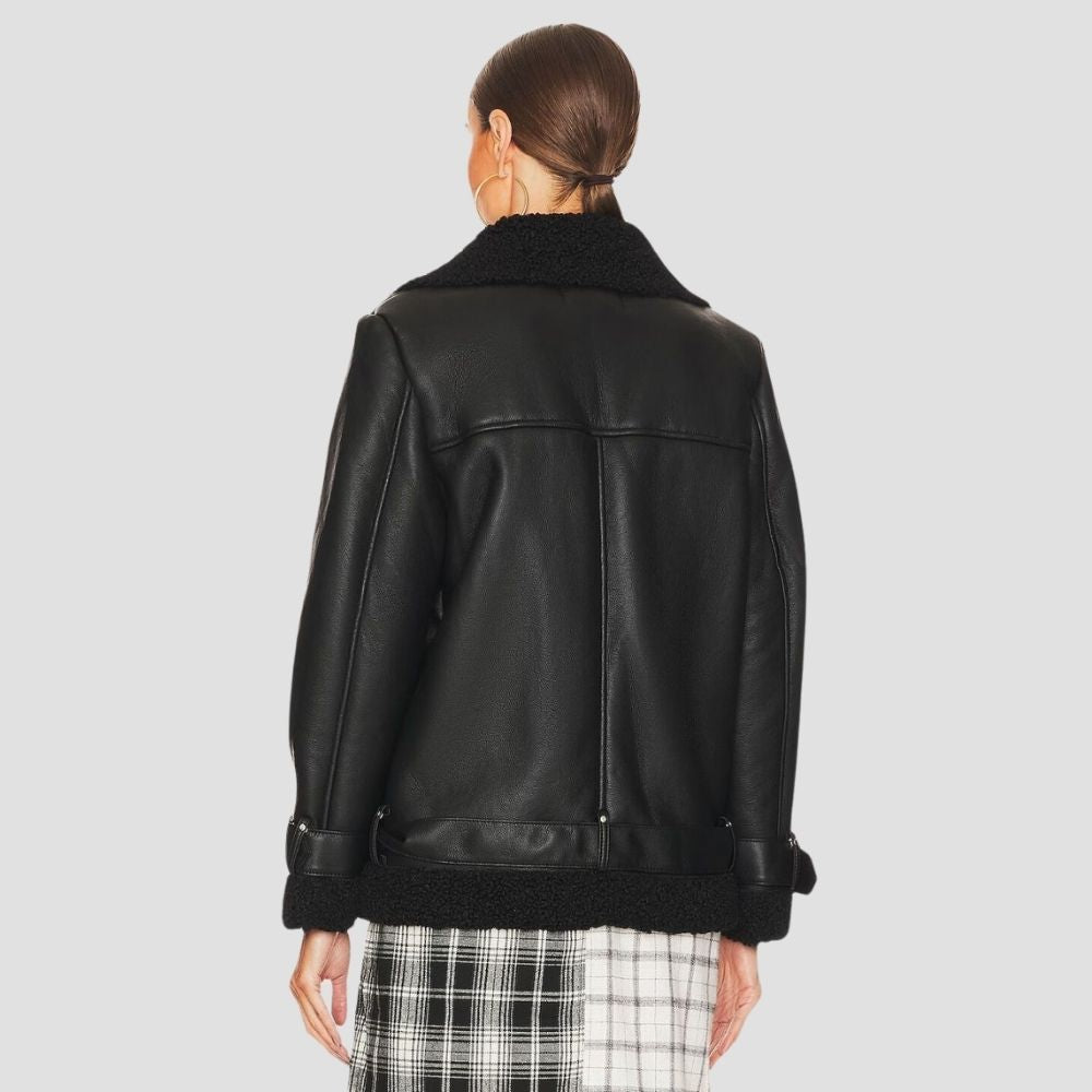 Stay warm and stylish in this women’s shearling leather jacket, designed for modern winter fashion. The combination of shearling and leather ensures both comfort and elegance.