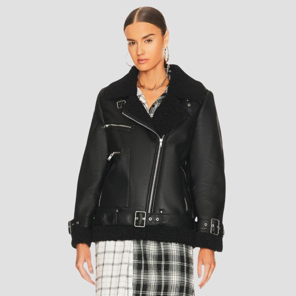 Embrace modern winter fashion with a women’s shearling leather jacket. The luxurious shearling lining and sleek leather offer warmth and a stylish, contemporary look.