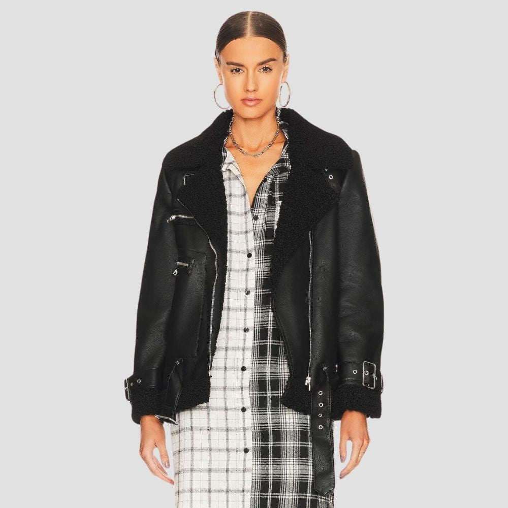 Shop this women’s shearling leather jacket for the ultimate in modern winter fashion. The soft shearling and premium leather combine for both warmth and chic style.