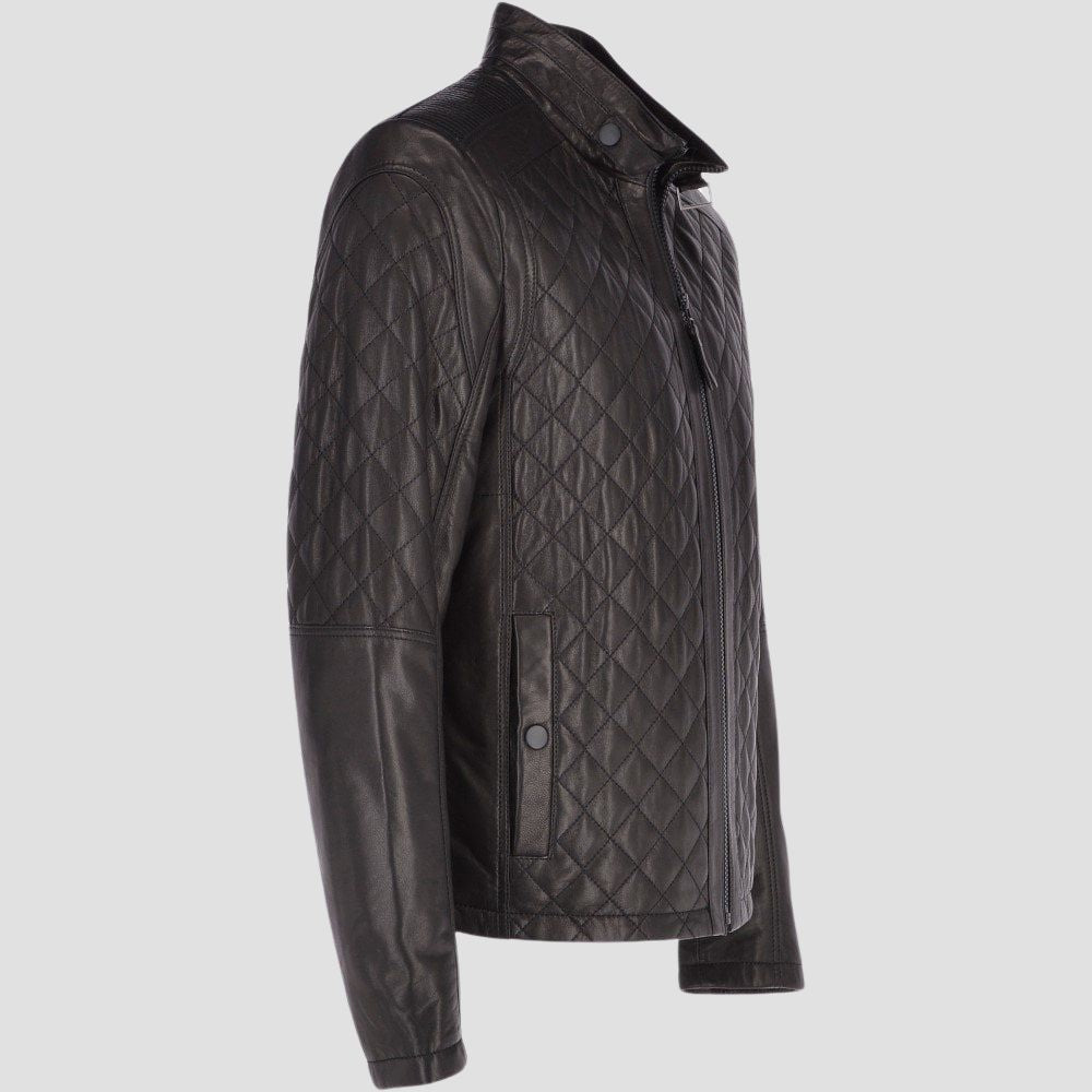 Comfortable and durable genuine black sheep leather jacket with quilted details.