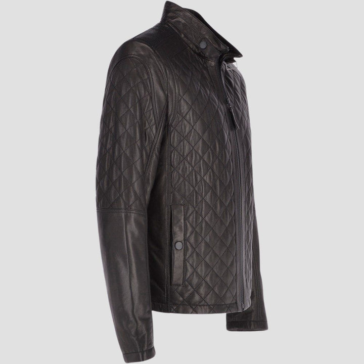 Comfortable and durable genuine black sheep leather jacket with quilted details.