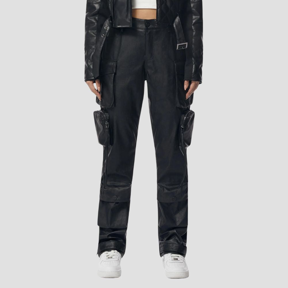 Elevate your fashion game with these trendy black leather cargo pants, designed for a contemporary and chic vibe.