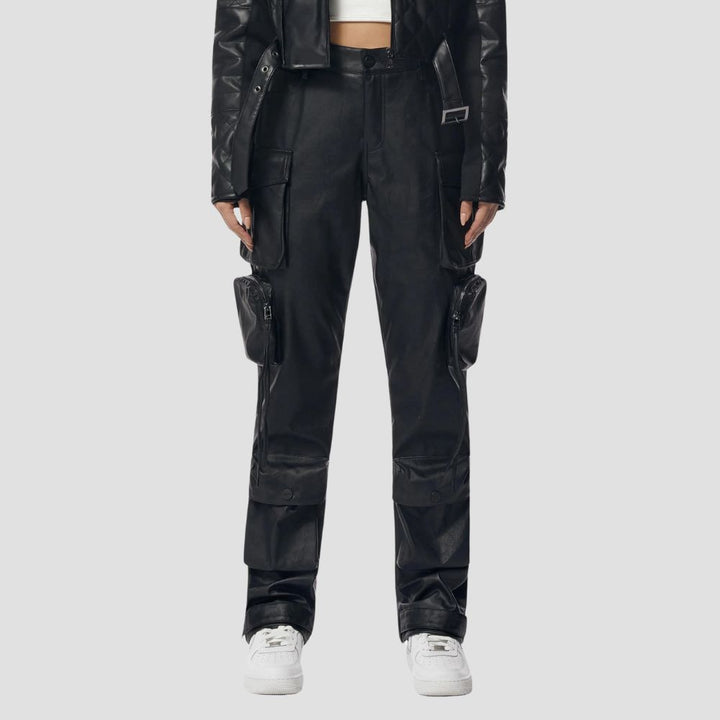 Elevate your fashion game with these trendy black leather cargo pants, designed for a contemporary and chic vibe.