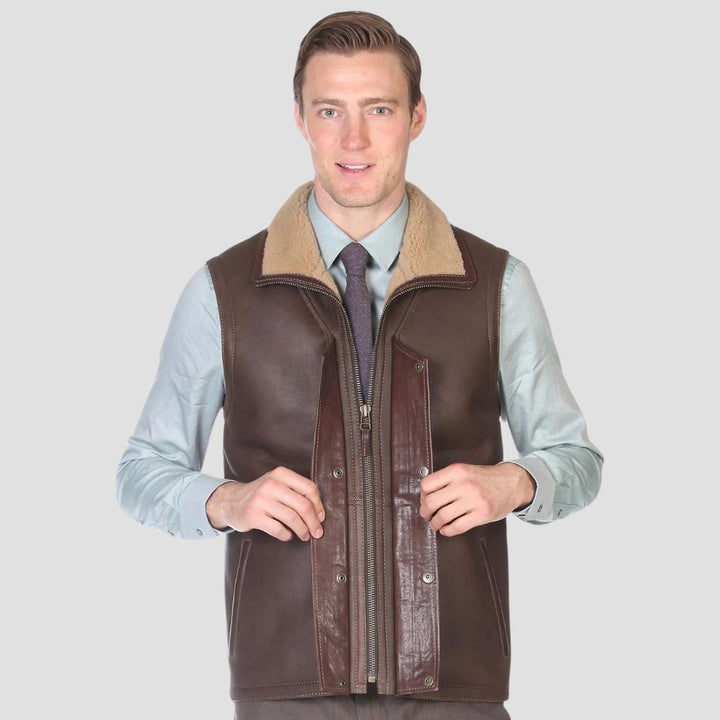 Brown leather waistcoat for men with soft faux fur interior