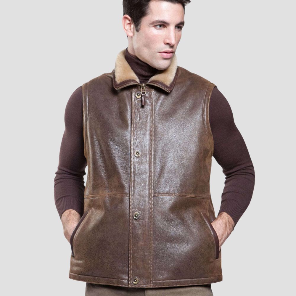 Chic brown shearling vest for street style with lambskin leather outer.