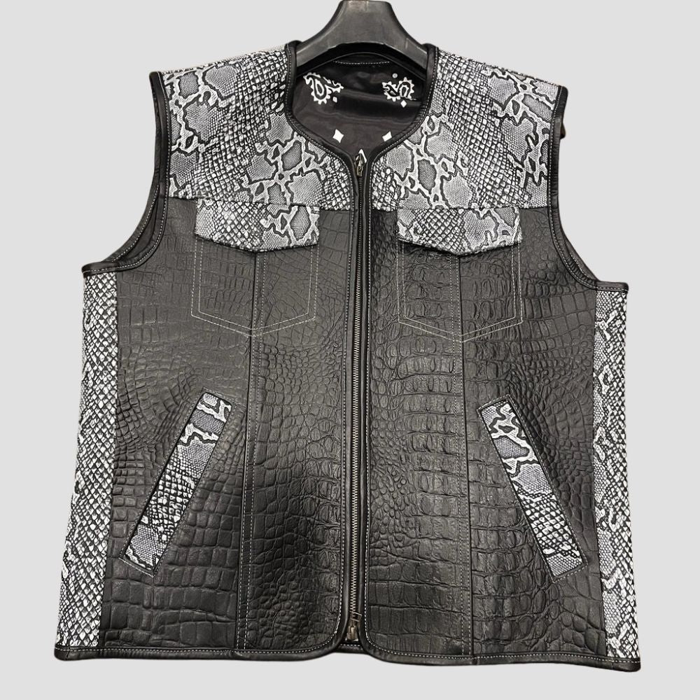 Make a statement on your ride with this stylish crocodile pattern leather biker vest, combining bold fashion and durability.