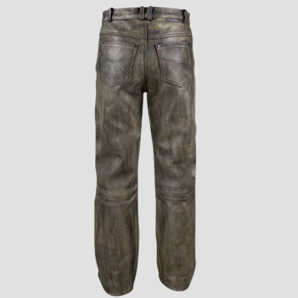 Durable cowhide leather pant with distressed finish for men’s casual fashion.