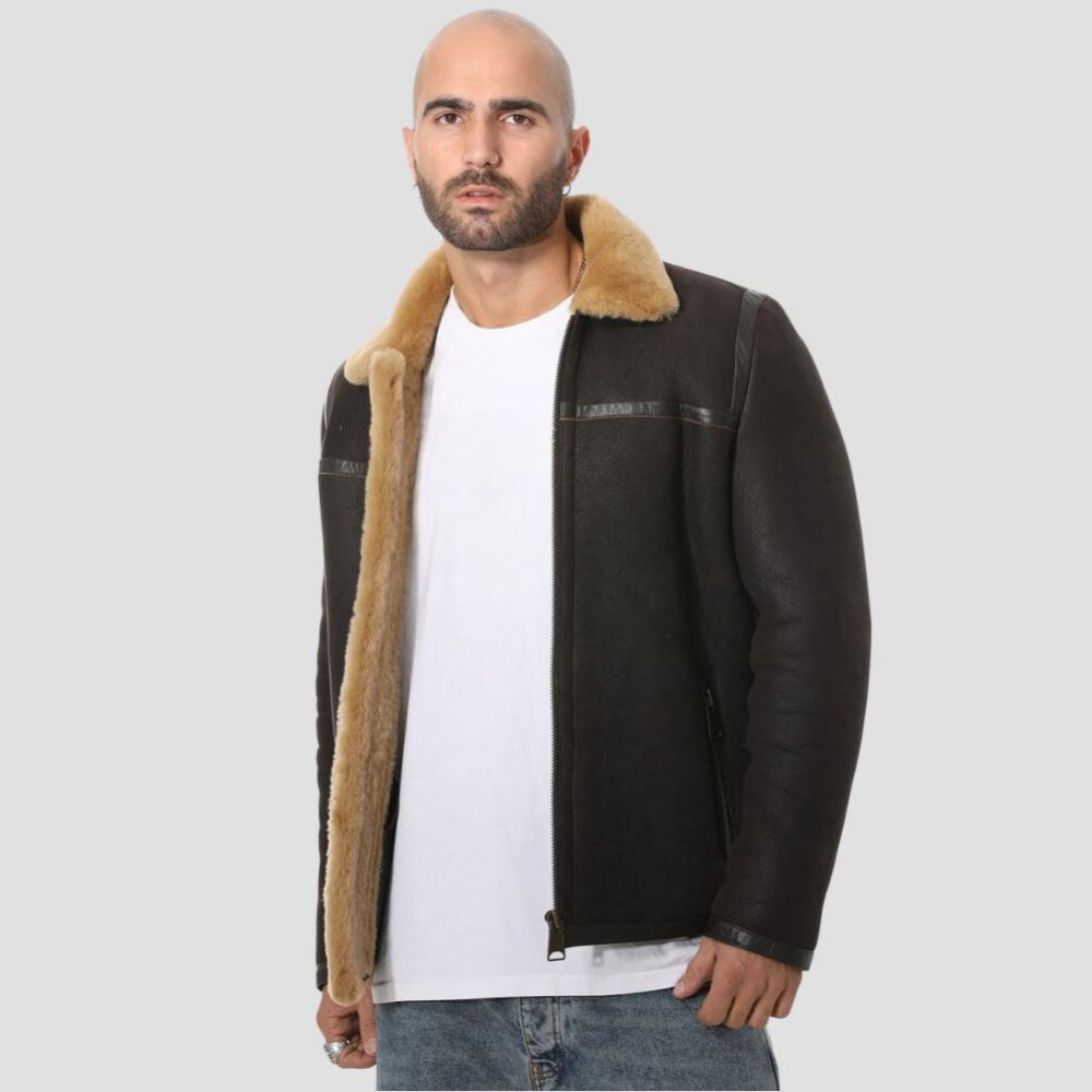 Genuine leather brown shearling B3 aviator jacket with faux fur lining.