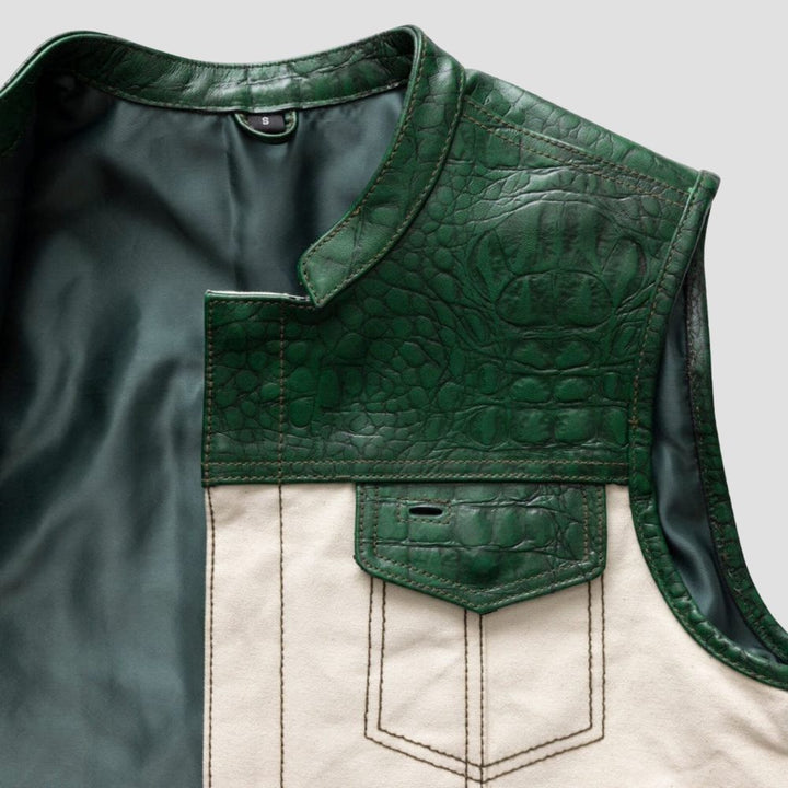 Unique green cowhide leather biker vest with crocodile texture for men.