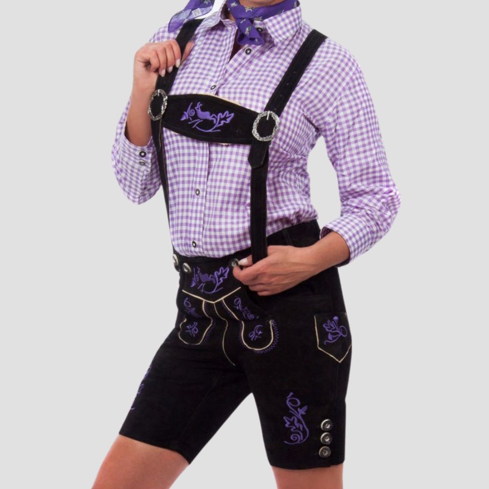  These stylish women’s lederhosen are perfect for Oktoberfest 2025. Crafted with modern detailing, they’re designed to make a statement at any Bavarian celebration.