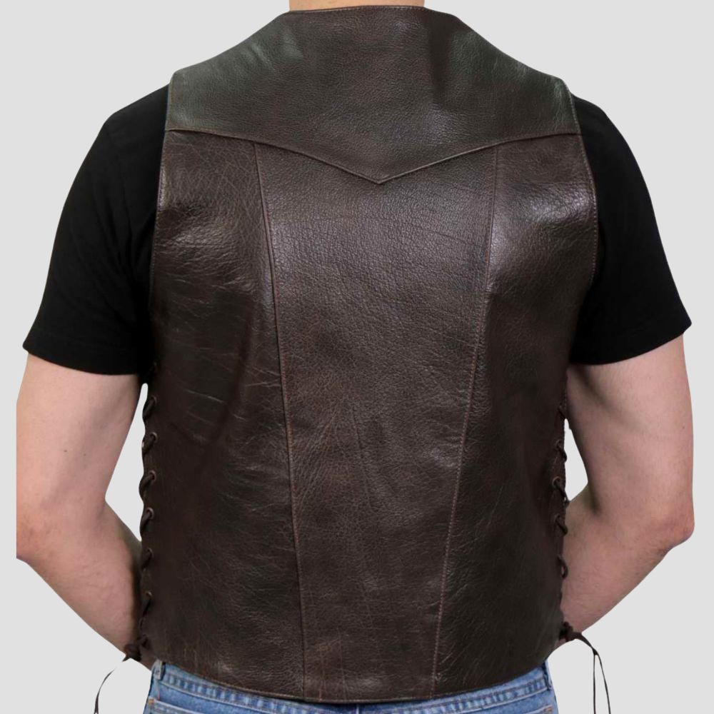 This leather waistcoat is tailored for motorcycle enthusiasts who value style and function.