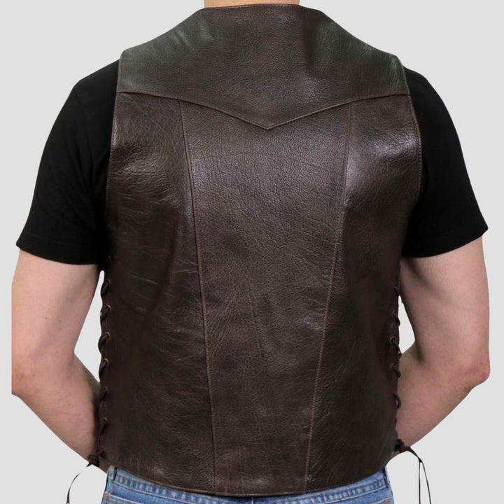 This leather waistcoat is tailored for motorcycle enthusiasts who value style and function.