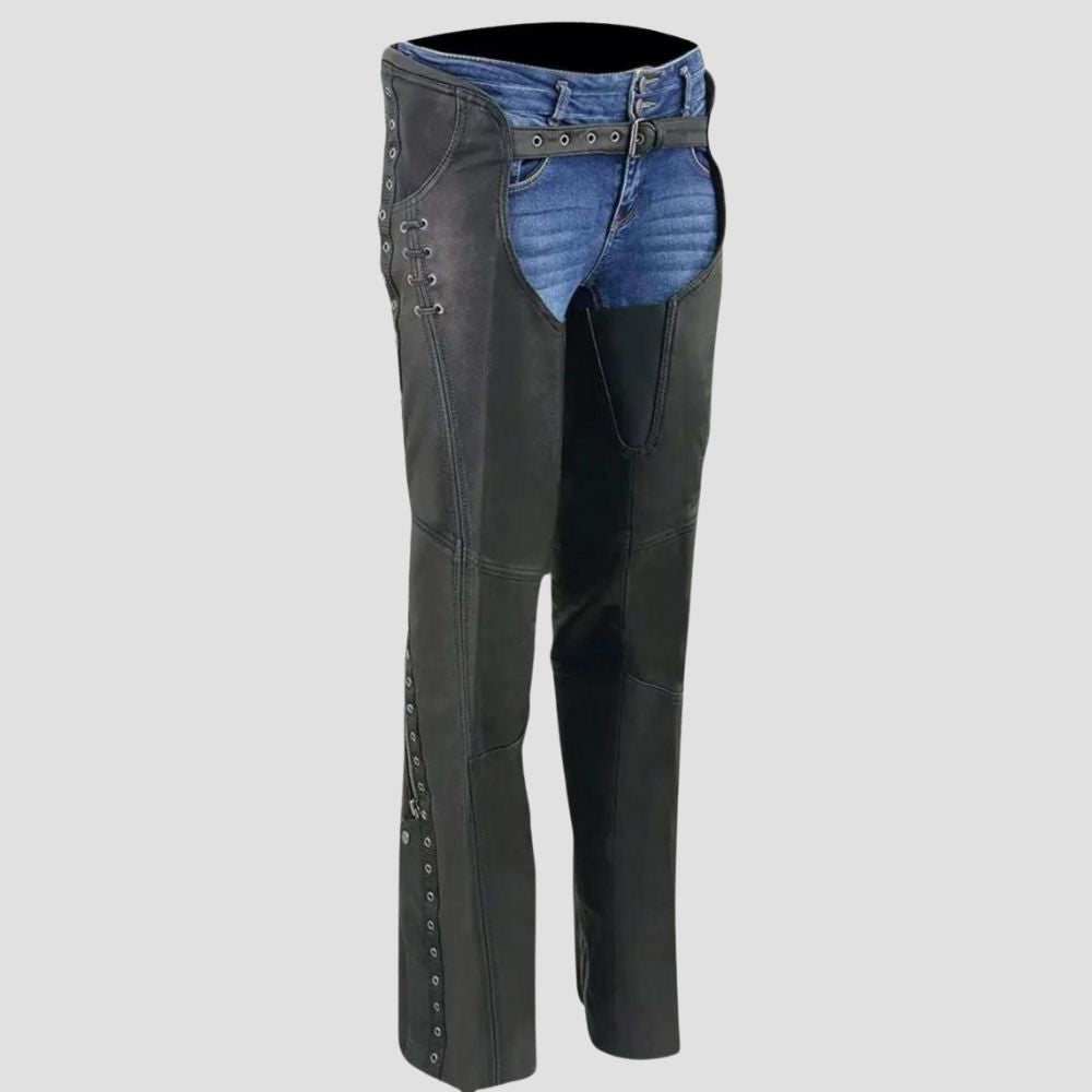 Make a bold statement with these stylish leather chaps, perfect for both biker rides and western fashion looks.