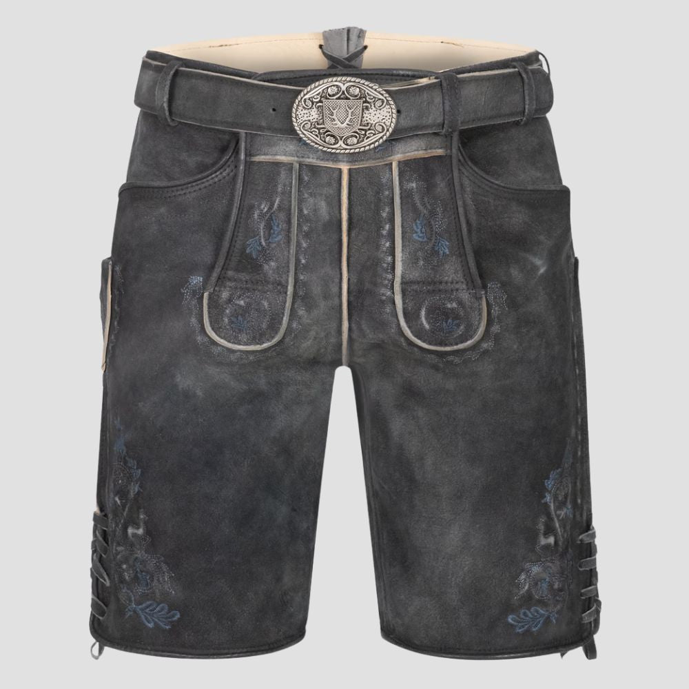 Add a touch of tradition to your fall and winter wardrobe with these stylish men’s Lederhosen, featuring intricate embroidery