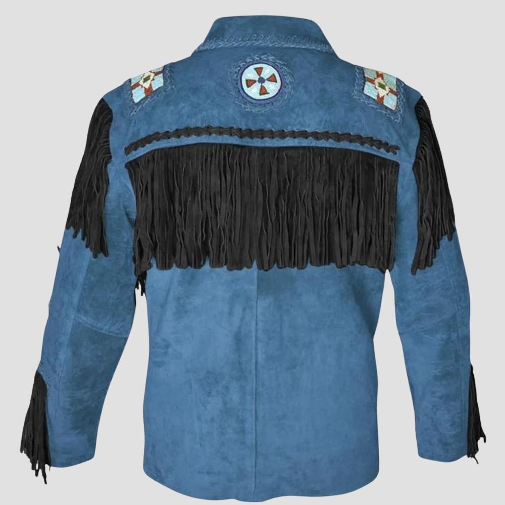 Make a statement in cowboy fashion with this premium blue suede fringe jacket, perfect for bold and stylish looks.