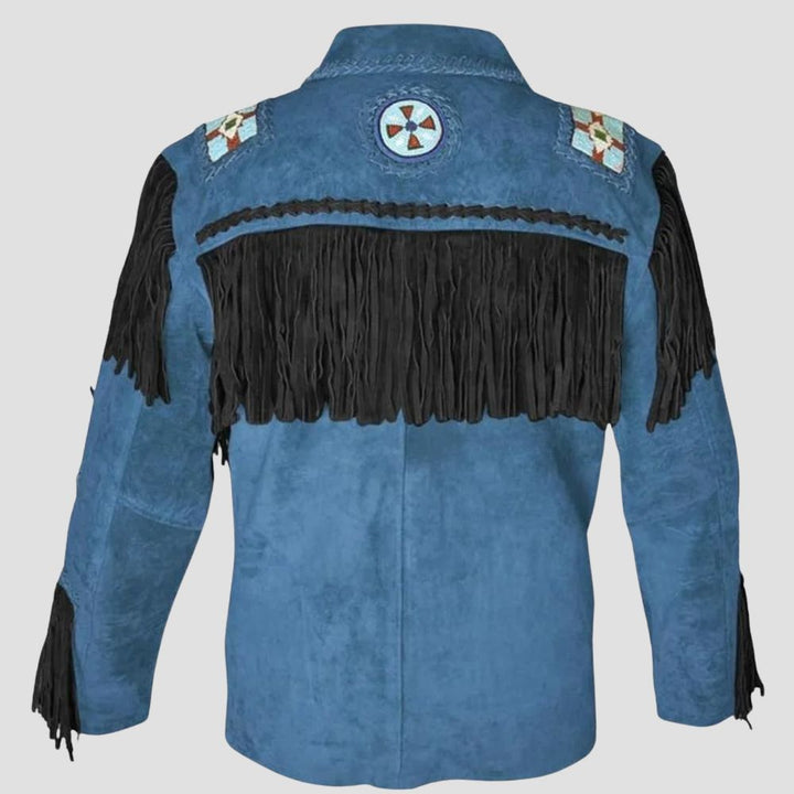Make a statement in cowboy fashion with this premium blue suede fringe jacket, perfect for bold and stylish looks.