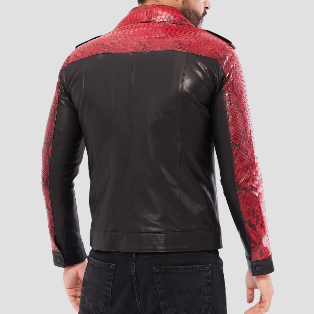 Bold, edgy, and fashion-forward: this snakeskin leather jacket is designed for men who want to make a statement in street style.
