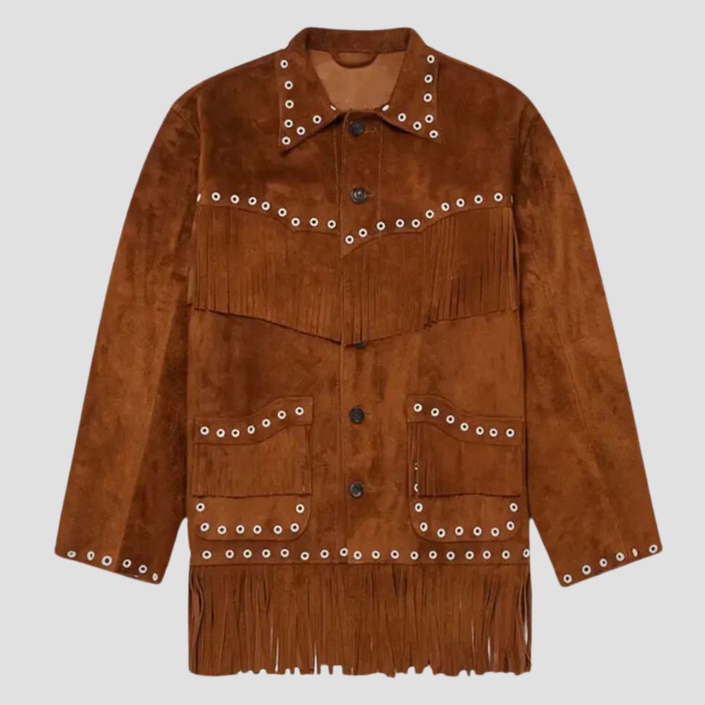 Crafted from premium suede, this men’s cowboy jacket with fringe details captures the spirit of the Wild West with a modern twist