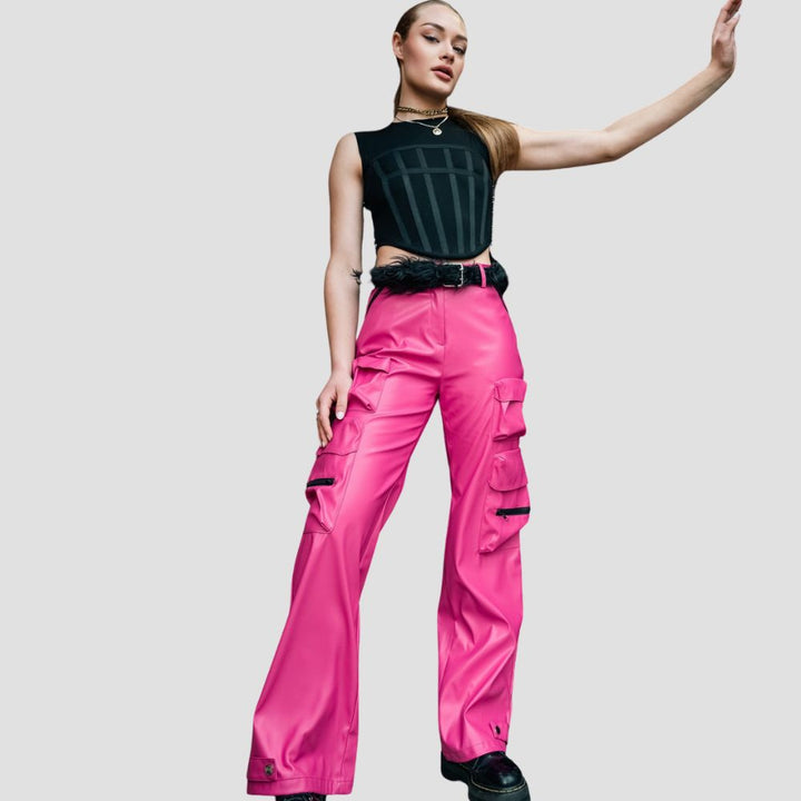 These stylish pink leather cargo pants bring boldness and comfort together for a chic streetwear look.