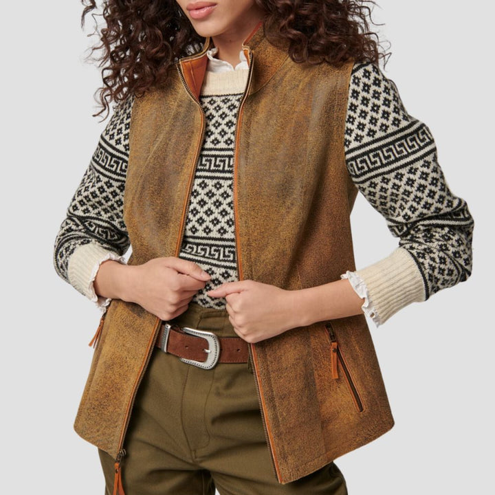 Suede fur-lined vest for women, offering a cozy and chic style perfect for layering in colder weather.