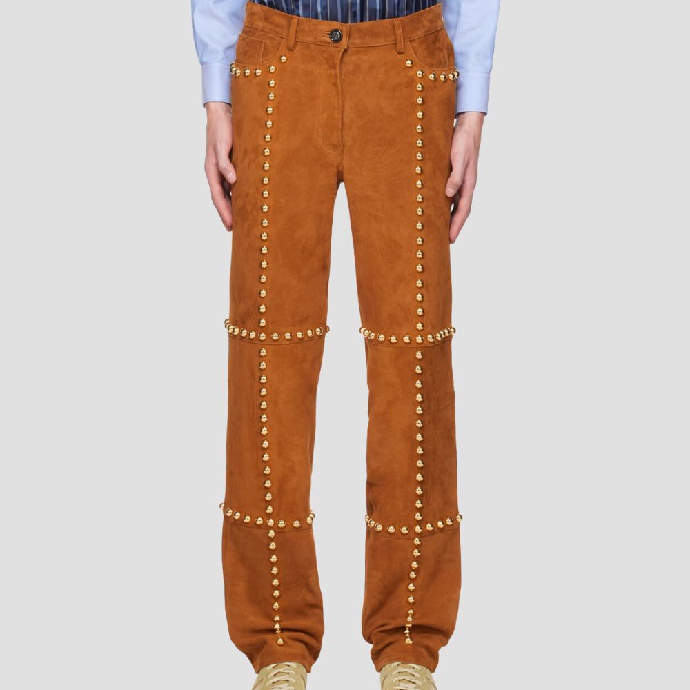 High-quality studded suede leather pants for men with bold studded design.