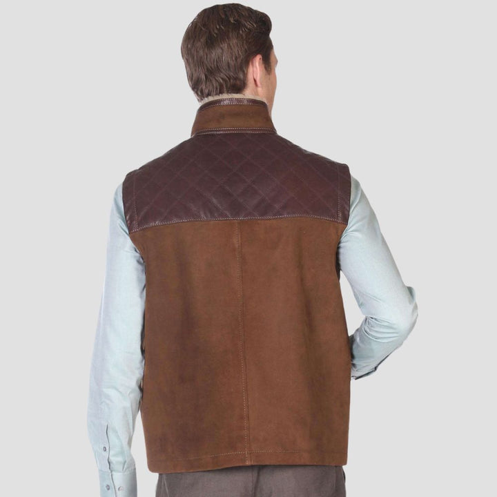 Elegant brown suede leather shearling vest for men’s fashion