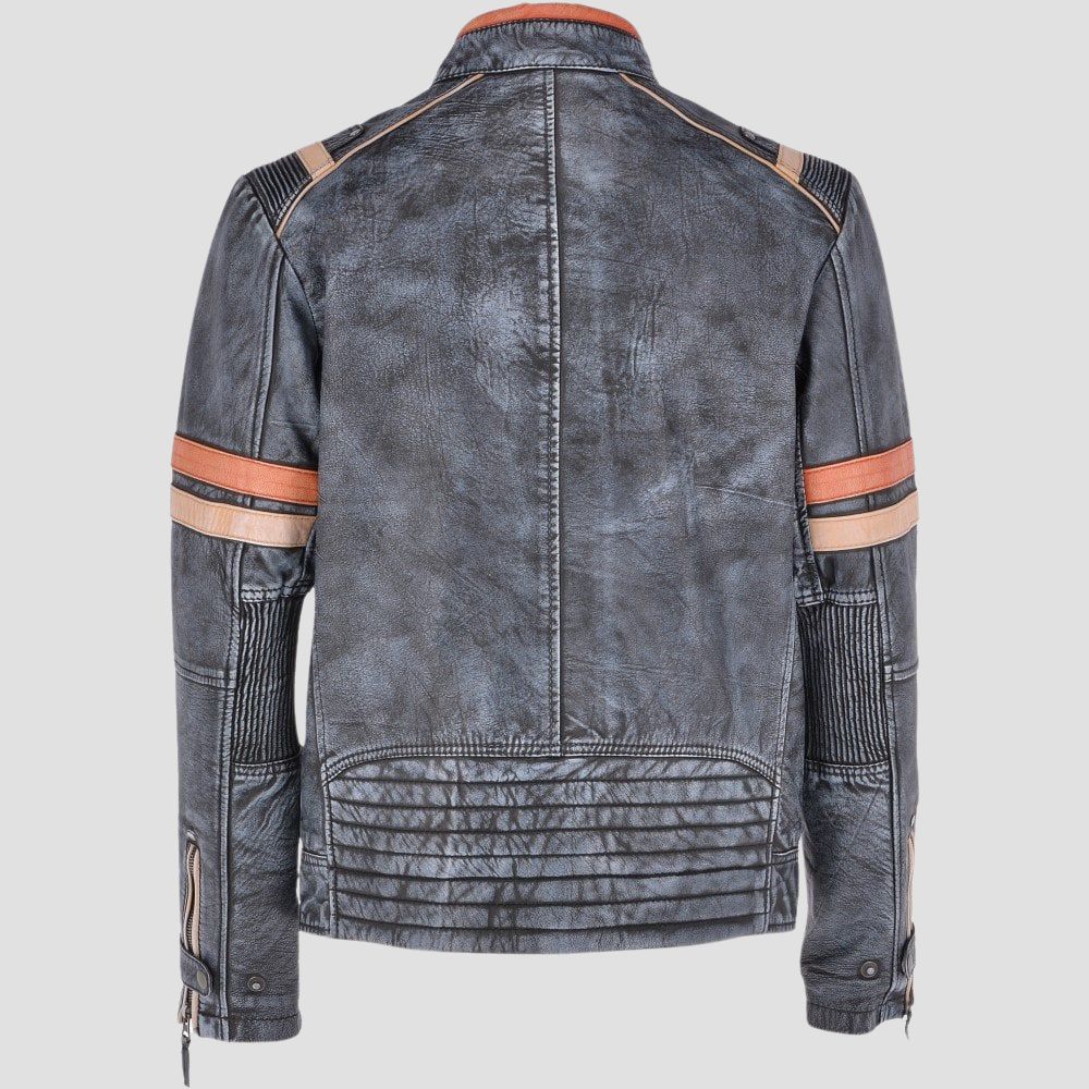 Biker inspired men’s leather jacket with band collar and zippers.