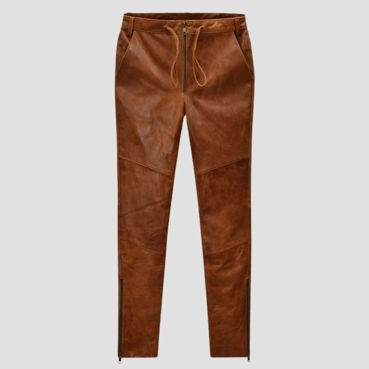 Unique brown leather trousers for men made from premium sheepskin leather.