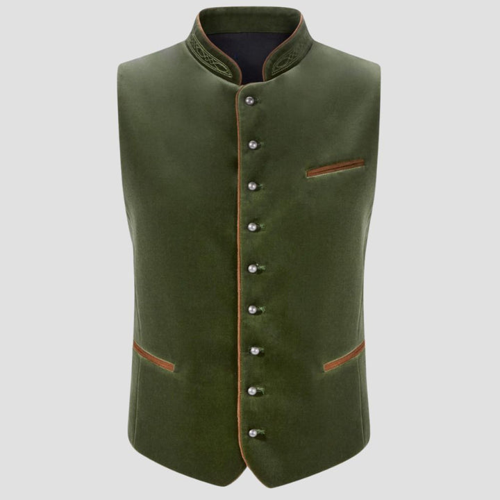 Step into tradition with this green velvet Trachten vest, a sophisticated piece designed for cultural festivals and formal events.