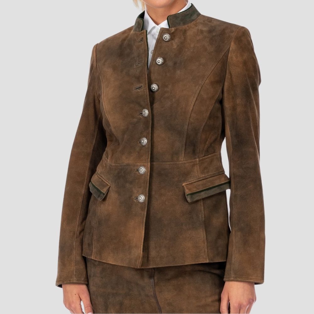 These handcrafted women’s suede Trachten jackets combine elegance and warmth, ideal for chilly Oktoberfest nights while maintaining a chic, traditional look.