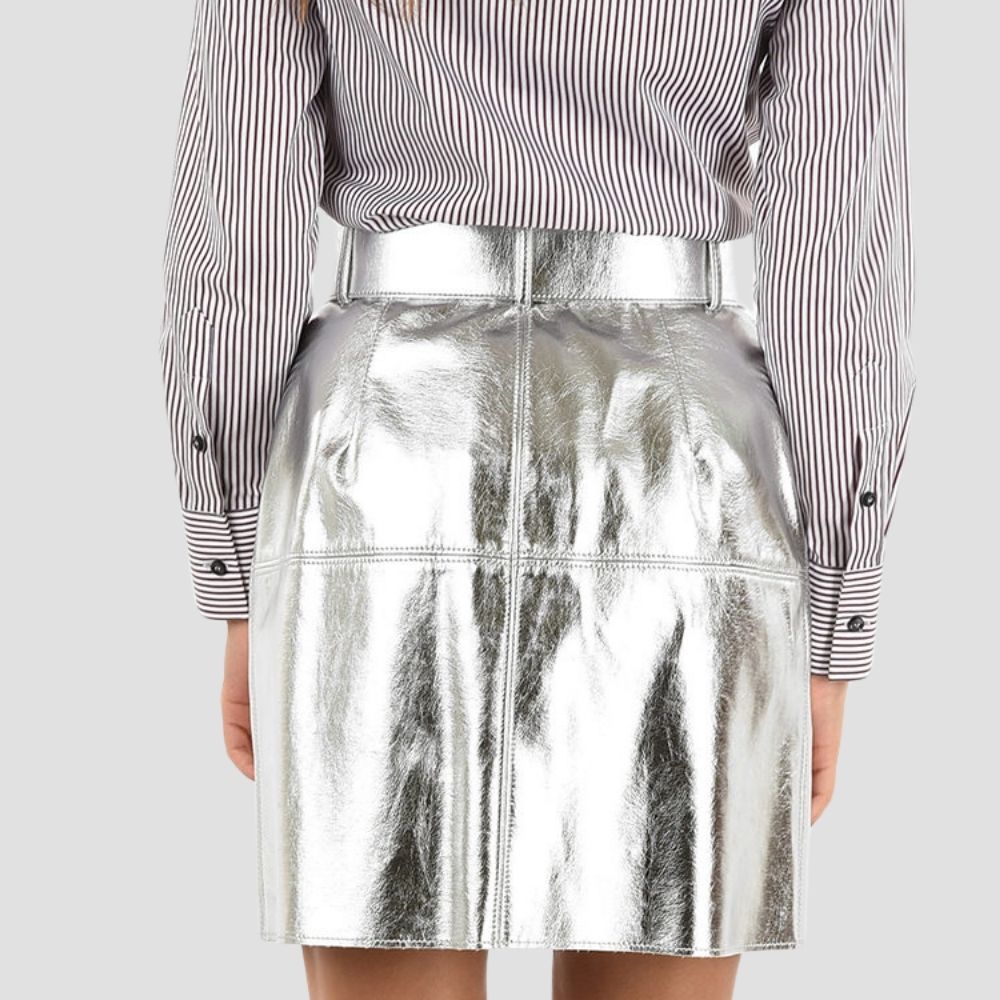 Women’s metallic leather skirt for a trendy, chic vibe, perfect for evening events.
