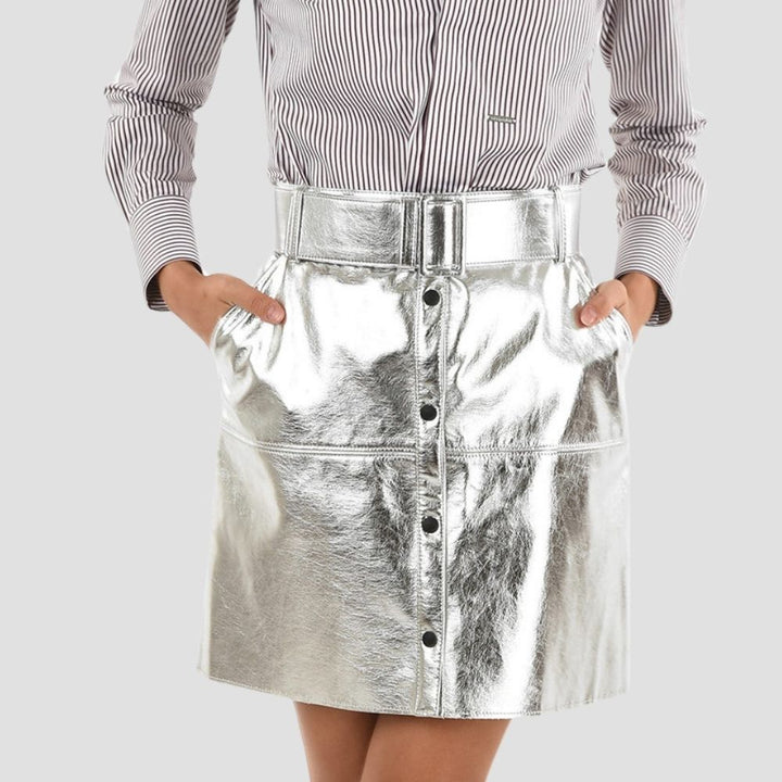 Stylish metallic leather skirt for women, ideal for making a statement on a night out.