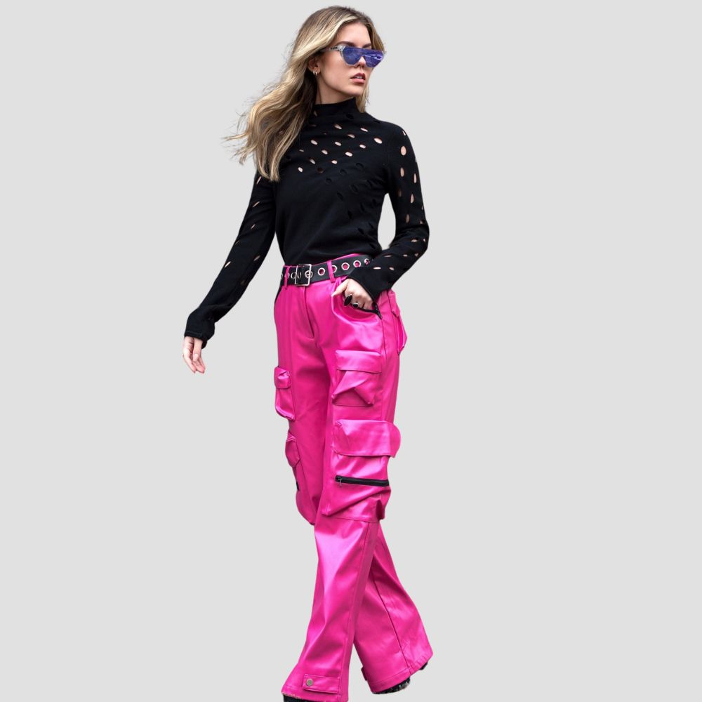 Make a statement with these ladies pink leather cargo pants, offering both style and a comfortable fit.